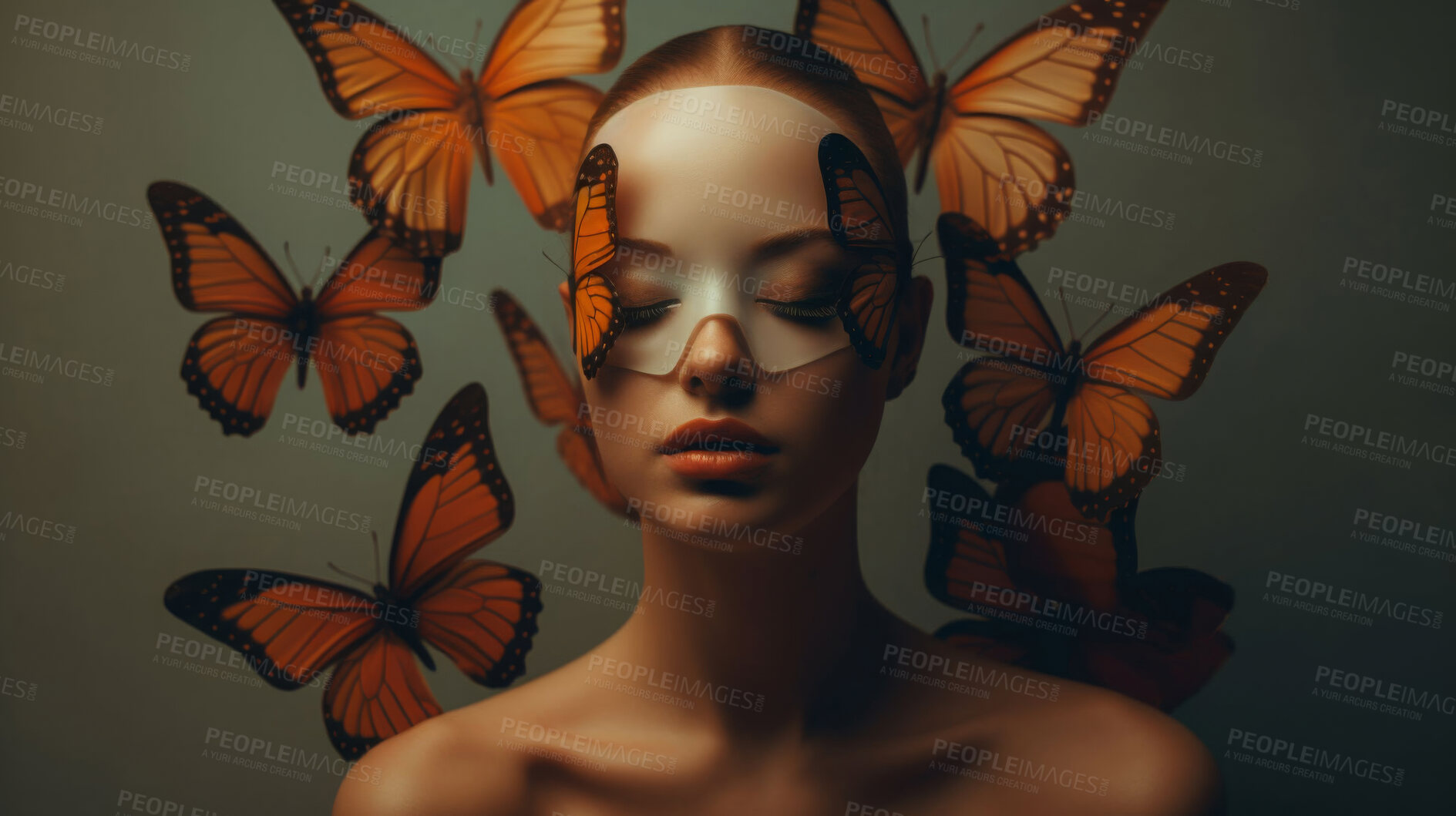 Buy stock photo Woman, studio and butterfly for art or beauty with creative elegance for abstract and wings. Person, half monarch or human for nature artwork or inspiration, fantasy and hybrid transformation