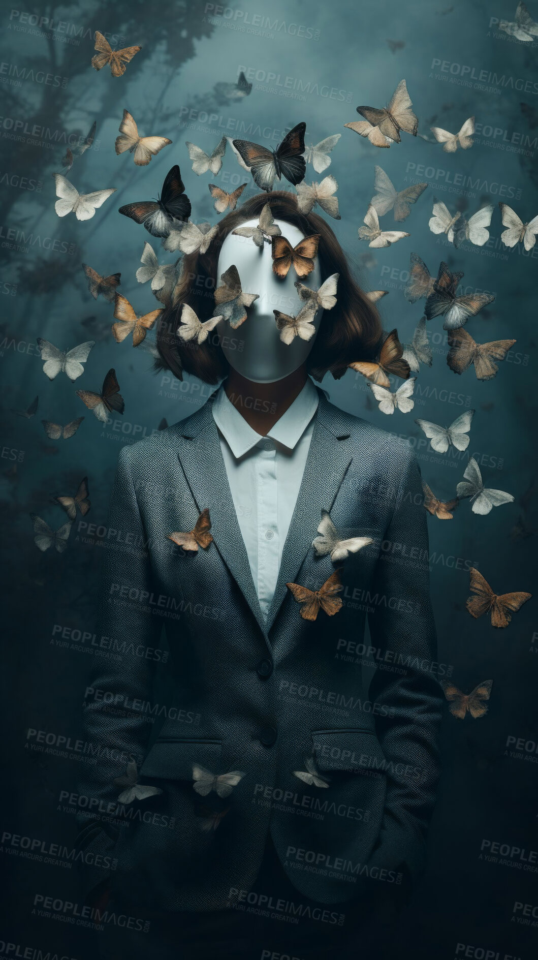 Buy stock photo Face, mystery and person with butterfly in forest for creative abstract, transformation and growth in life. Dark, art and woman with insect in woods for artwork, inspiration and fantasy in nature