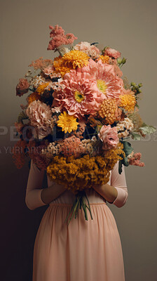 Person, flower bouquet and covering face with Spring blossom, botanic and nature for gift on beige background. Floral arrangement, bloom with natural abstract or aesthetic, sustainability and eco