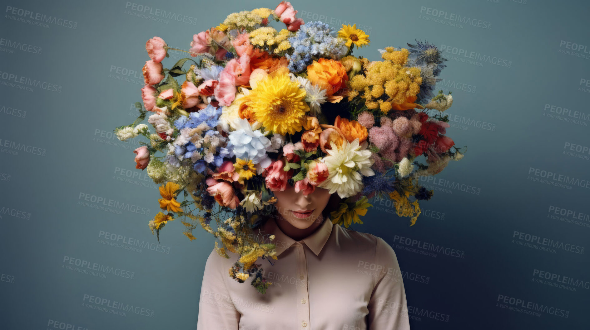 Buy stock photo Woman, head and flowers bouquet in studio for spring blooming on blue background, floral arrangement or mockup space. Person, natural and botanic plants for creative sustainability, eco or summer