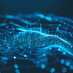 Modern, blue lights and fingerprint scan with connection, network and innovation with futuristic system. Upgrade, biometrics and tech with bokeh and dark background with data, progress and analytics