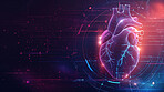 Heart, hologram and technology with 3D hud on screen in science laboratory for innovation or research. Computer, healthcare and medical with organ on interface for futuristic study of cardiology