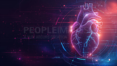 Buy stock photo Heart, hologram and technology with 3D hud on screen in science laboratory for innovation or research. Computer, healthcare and medical with organ on interface for futuristic study of cardiology