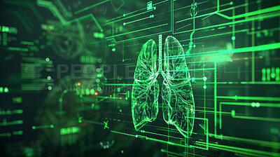 Buy stock photo Lungs, medical and interface with 3D hologram on screen for innovation, research or science. Computer, technology and organs with healthcare dashboard on display for futuristic study of breathing