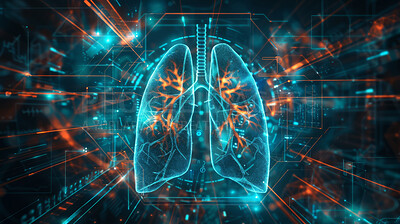 Buy stock photo Lungs, medical and technology with 3D dashboard on screen for innovation, research or science. Computer, interface and organs with healthcare hologram on display for futuristic study of breathing