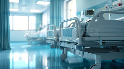 Buy stock photo Hospital, bed or healthcare with hygiene, empty or furniture interior with ergonomics or rehabilitation. Patient room, private facility or medical center with cancer ward or space with rehabilitation