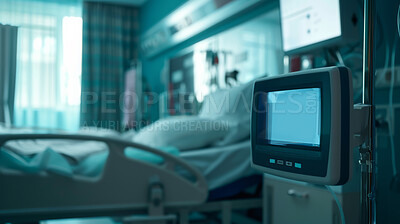 Buy stock photo ECG, machine and screen in hospital for cardiology or healthcare in emergency room with medical equipment. Heart rate, digital monitor and electrocardiogram, EKG and tech in clinic interior closeup