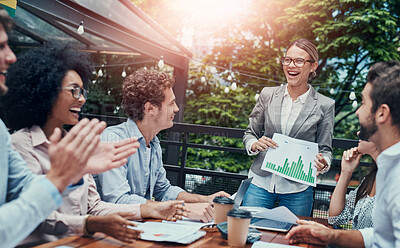 Buy stock photo Presentation, statistics and business people in outdoor meeting clapping for company finance revenue. Happy, discussion and speaker with financial advisors for profit growth data chart with graphs.