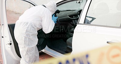 Forensic, investigation and photographer for evidence in crime scene car for accident, burglary and research analysis. Science, csi and photography with rear view in transport vehicle for observation