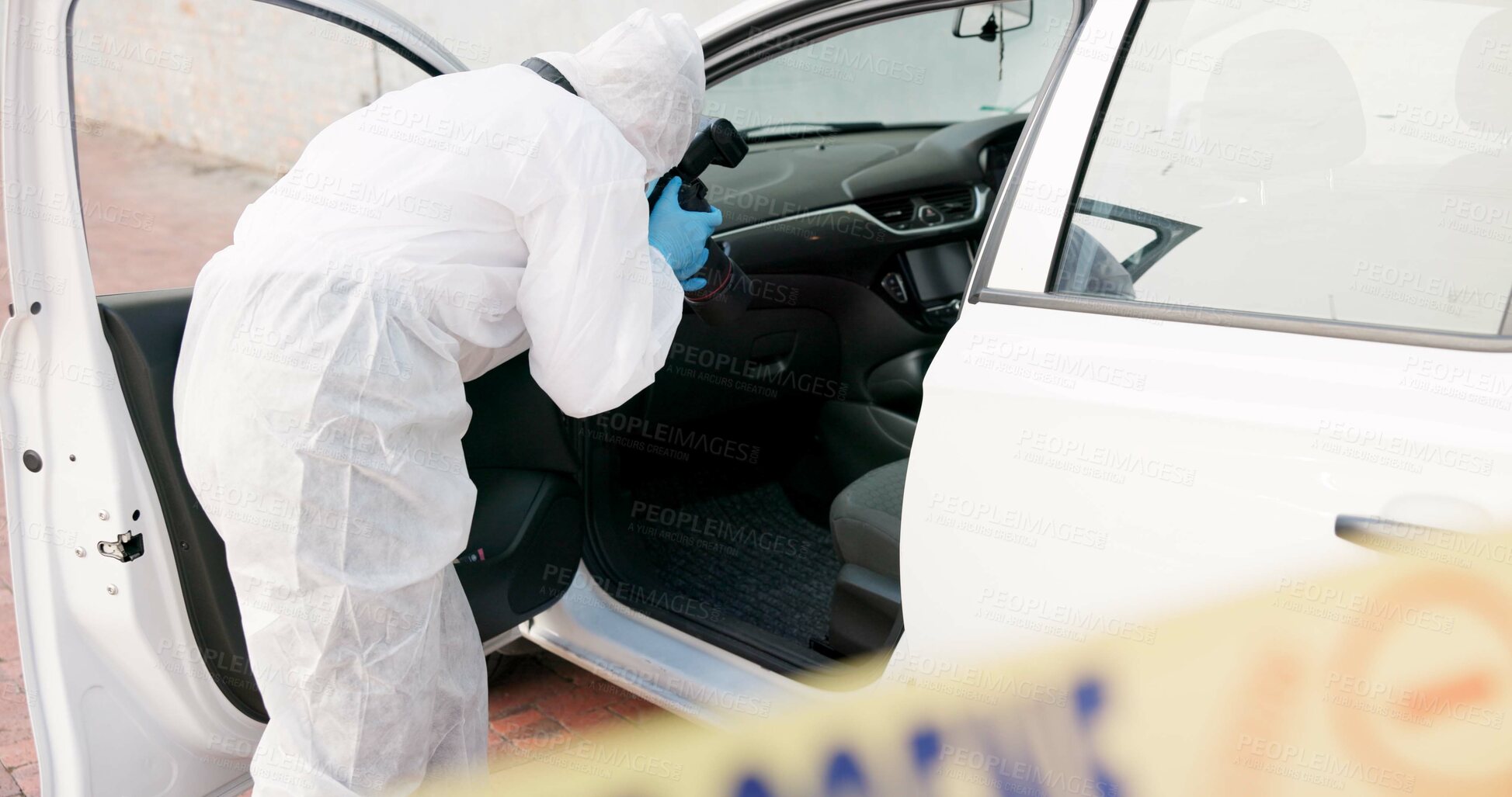 Buy stock photo Forensic, investigation and photographer for evidence in crime scene car for accident, burglary and research analysis. Science, csi and photography with rear view in transport vehicle for observation