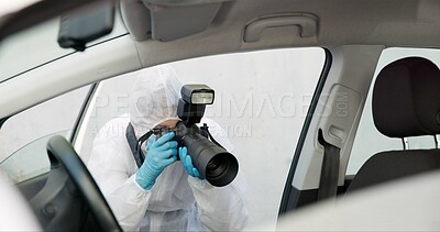 Forensic, investigation and photography of evidence in crime scene car for accident, burglary and research analysis. Science, csi and photographer with pictures in transport vehicle for observation