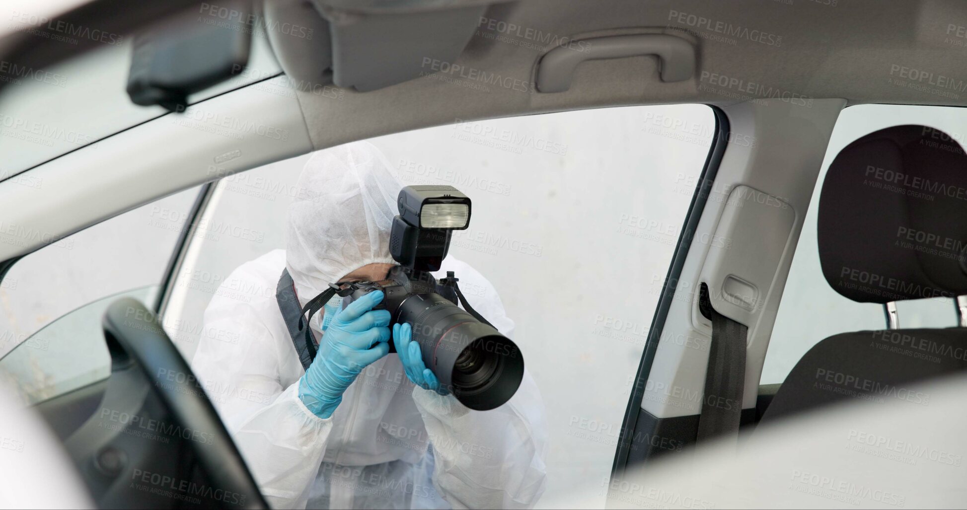 Buy stock photo Forensic, investigation and photography of evidence in crime scene car for accident, burglary and research analysis. Science, csi and photographer with pictures in transport vehicle for observation