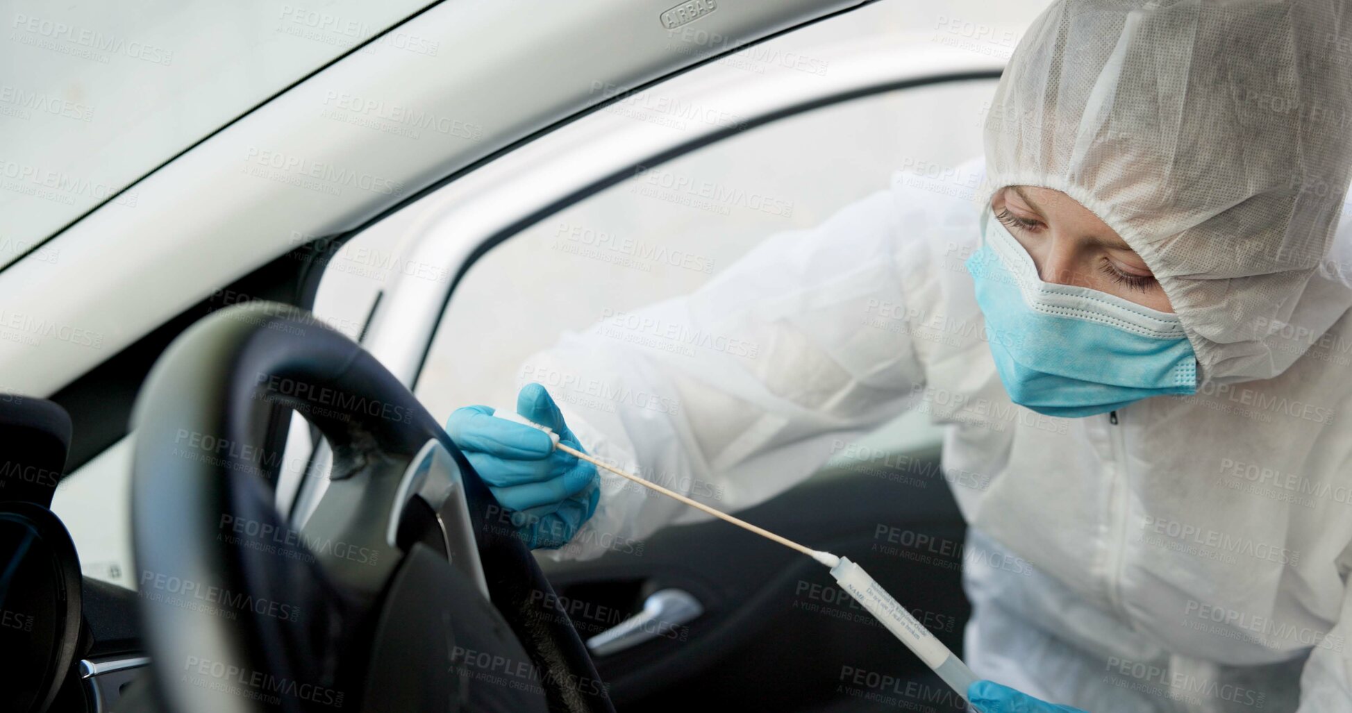 Buy stock photo Science, csi and swab for dna evidence in crime scene car for investigation of accident and burglary with hazmat.
Forensic, research analysis and person with sample collection for medical observation
