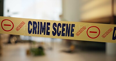 Crime scene, tape and evidence in house for inspection, case and investigation in living room. Apartment, home and lounge with warning from police, forensic and analysis of in flat for justice