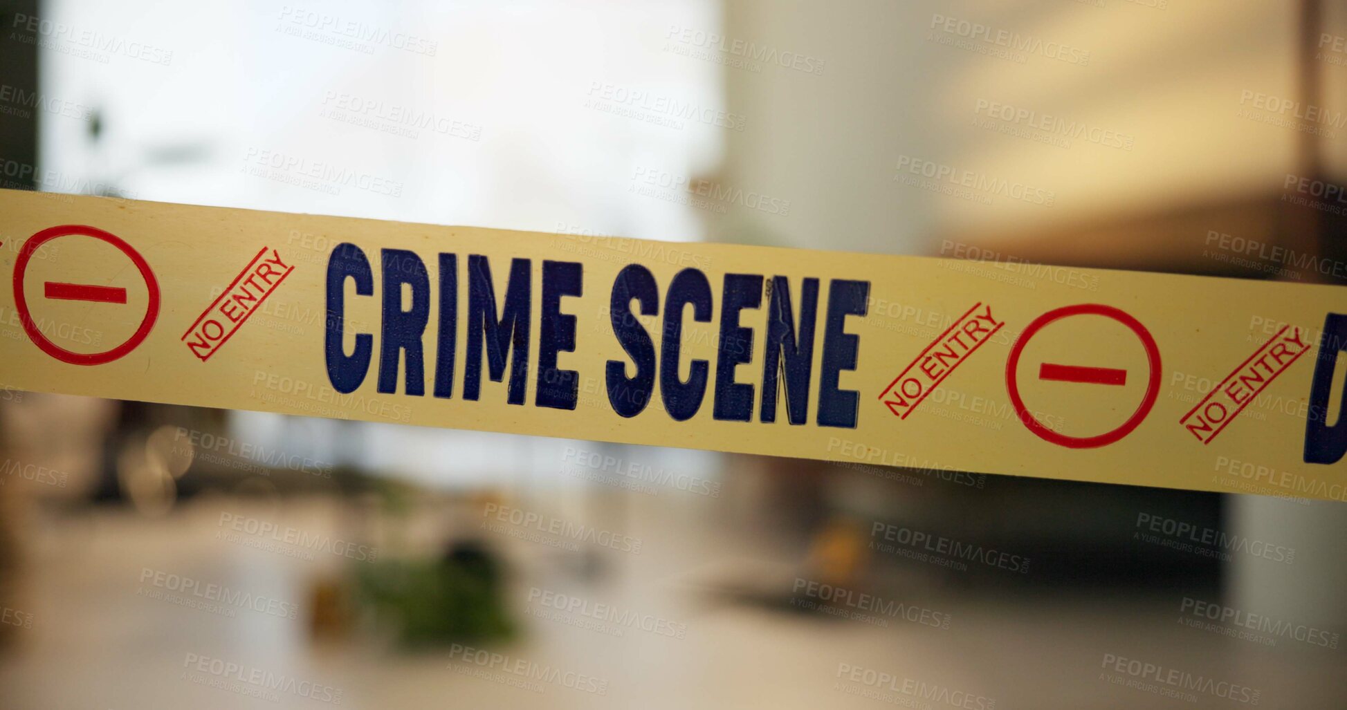 Buy stock photo Crime scene, tape and evidence in house for inspection, case and investigation in living room. Apartment, home and lounge with warning from police, forensic and analysis of in flat for justice