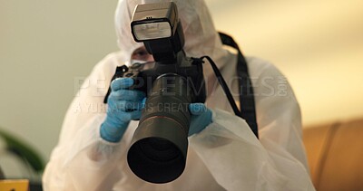 Forensic, photographer and csi at crime scene for investigation of house burglary or murder analysis. Evidence, person and digital pictures in hazmat for observation, examination and case research