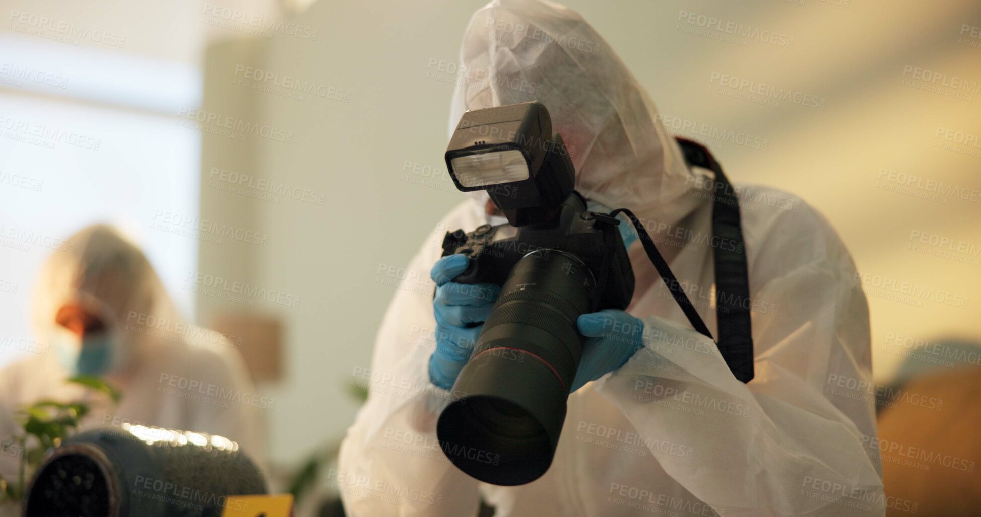 Buy stock photo Camera, forensics and investigation of evidence at crime scene for case, photography and observation. House, research and person with technology for analysis, medical pictures and documentation