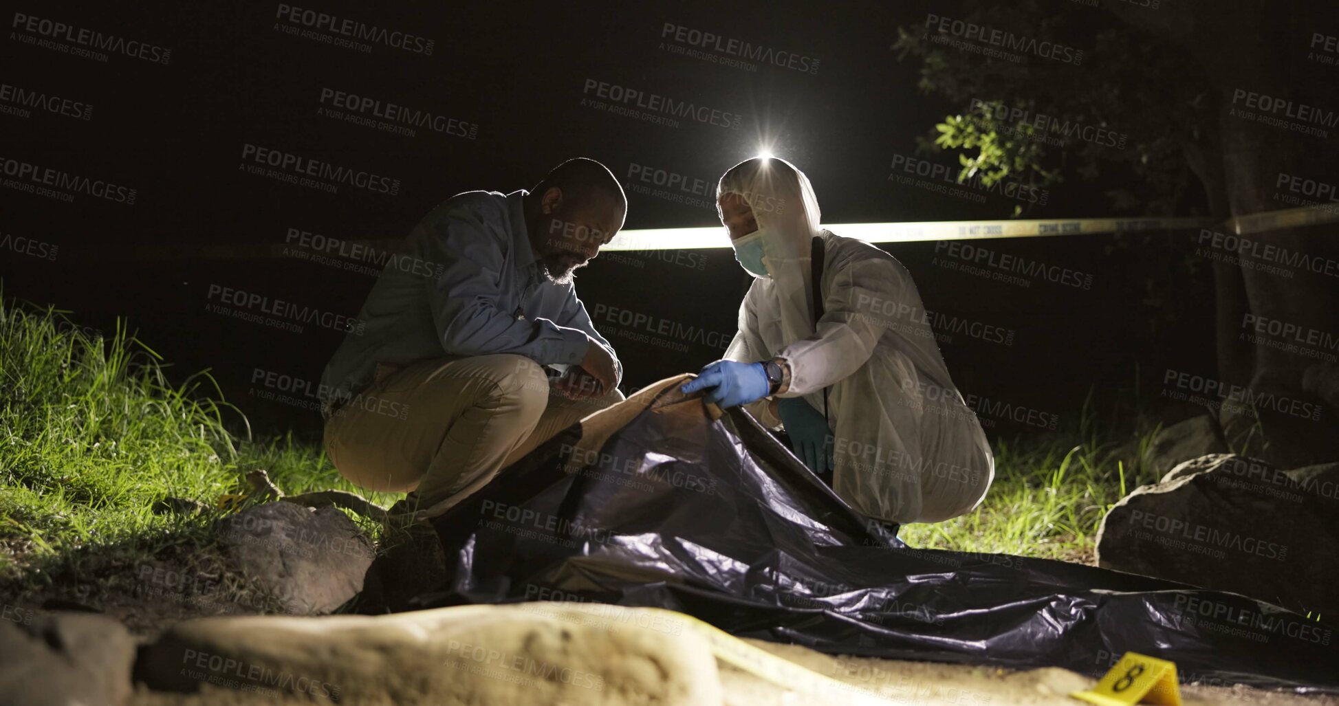 Buy stock photo Crime scene, murder and investigator outdoor with forensics teamwork, analysis and investigation in nature or park. People, men or detective with evidence or victim on ground for search and danger