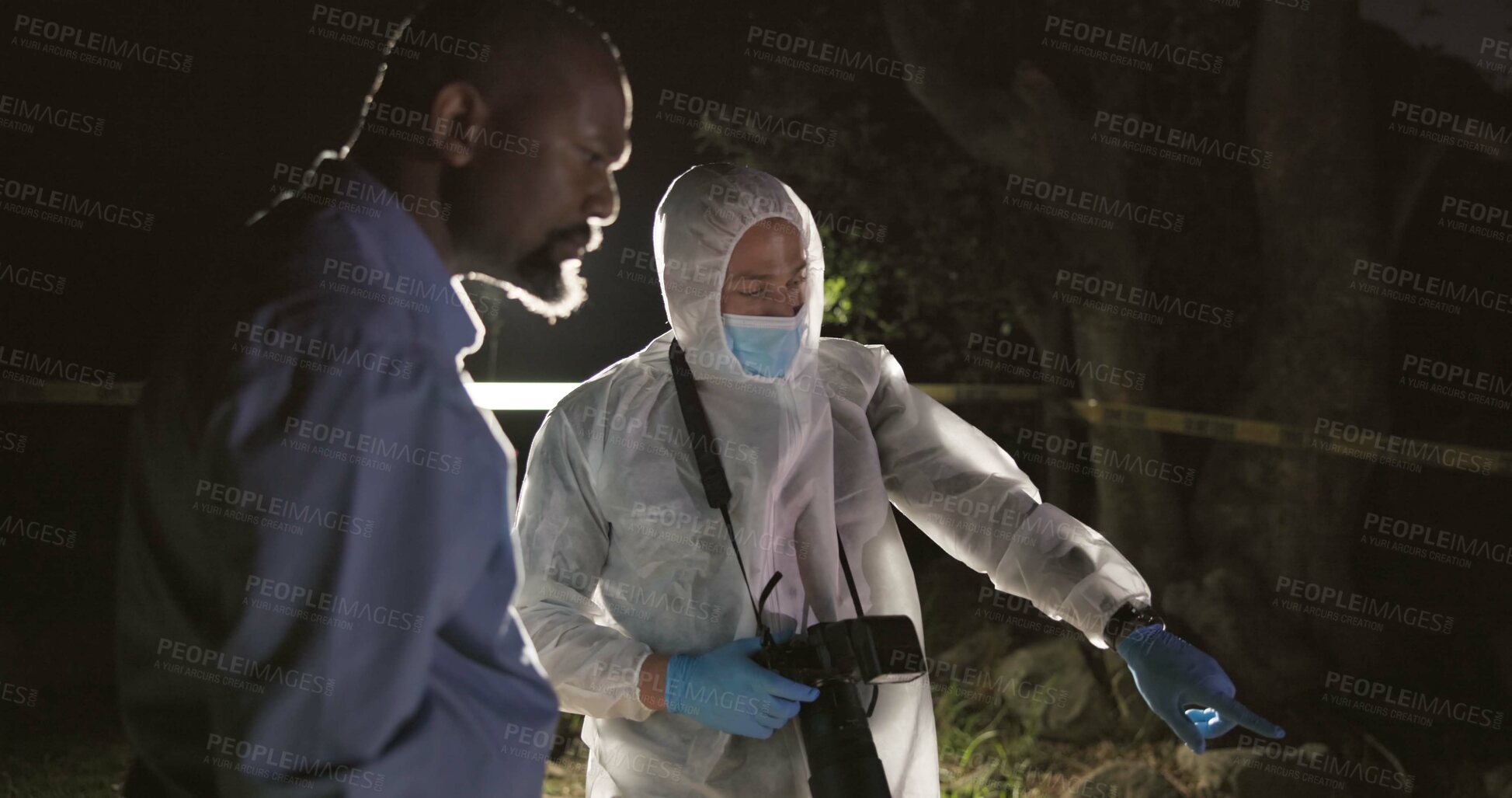 Buy stock photo Forensic team, dogs and detective at crime scene in discussion, first responder and collection of evidence. Police, collaboration and fbi on field with talking of murder and dna for investigation