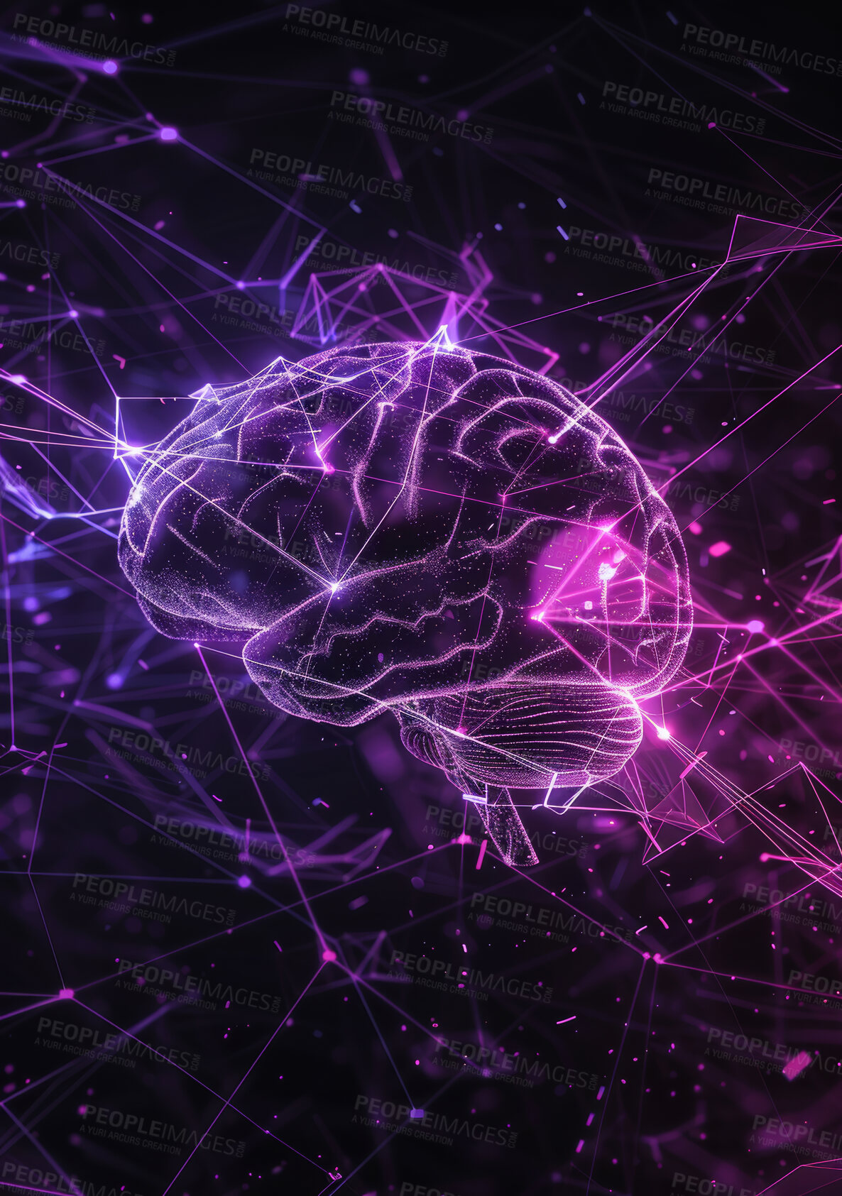 Buy stock photo Brain, connectivity and abstract neon art, illustration and cerebral hemisphere for ideas and creative thinking. Intelligent, network and anatomy for information processing, graphic and neuro pattern