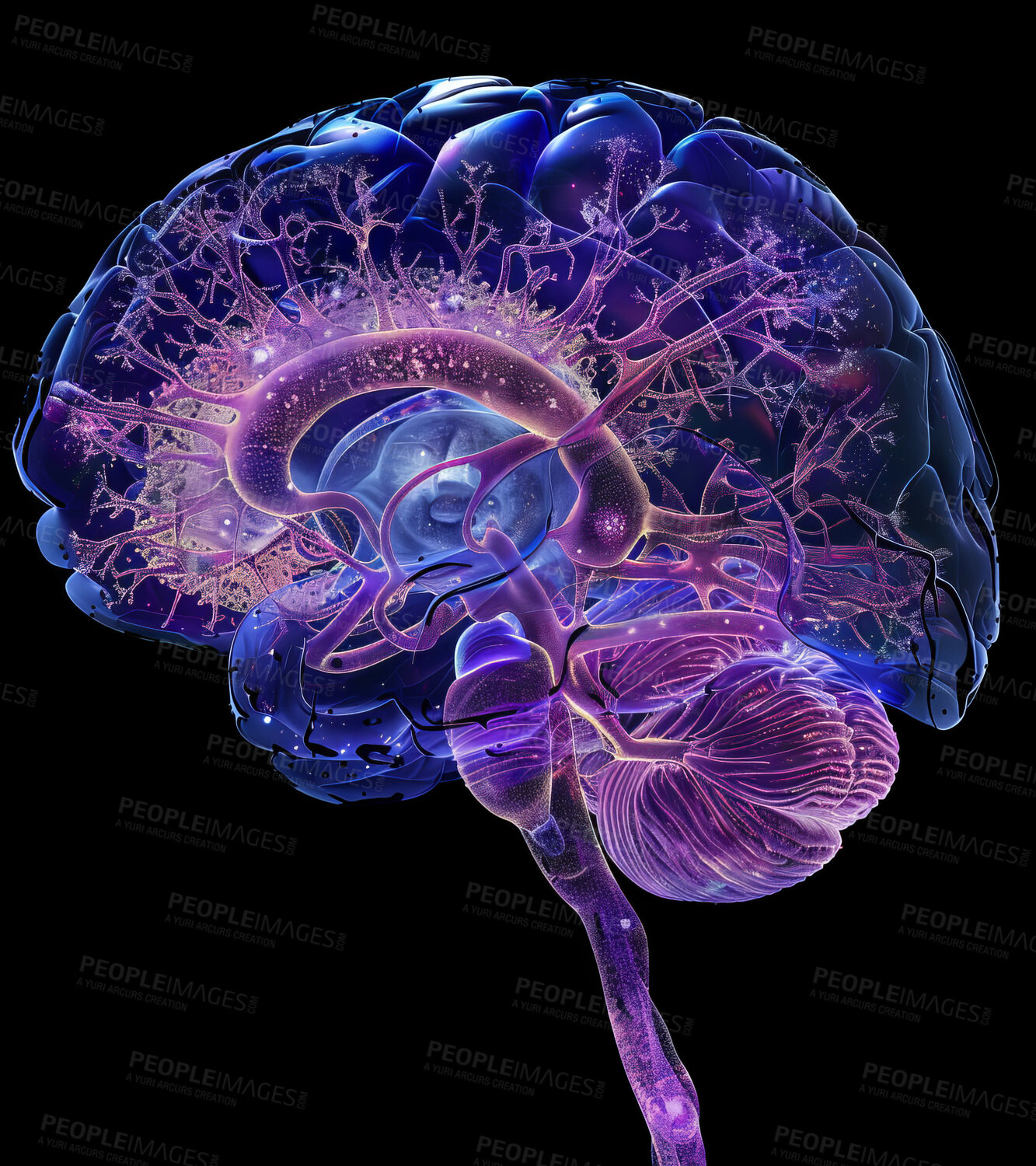 Buy stock photo Brain, art and abstract connect anatomy, nerves for connectivity and ideas or creative thinking. Intelligent, network and diagram for information, science and thought for process with spinal cord