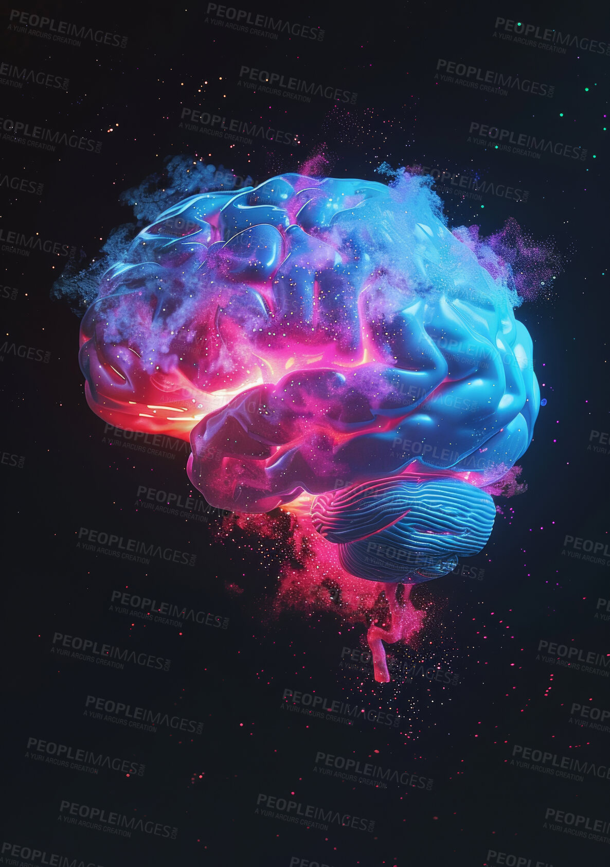 Buy stock photo Human, brain and colourful or creative art, space and futuristic ideas for thinking. Intelligent, network and anatomy for information processing, productive matter and neuro diagram with cerebellum