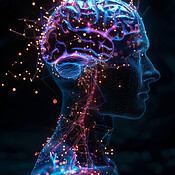 Science, glow or graphic illustration of brain for study of neurology ...