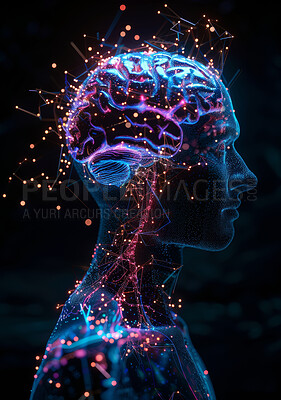 Science, glow or graphic illustration of brain for study of neurology, neuron synapses or biology research. Black background, mind or learning of human psychology, neuroscience and nervous system