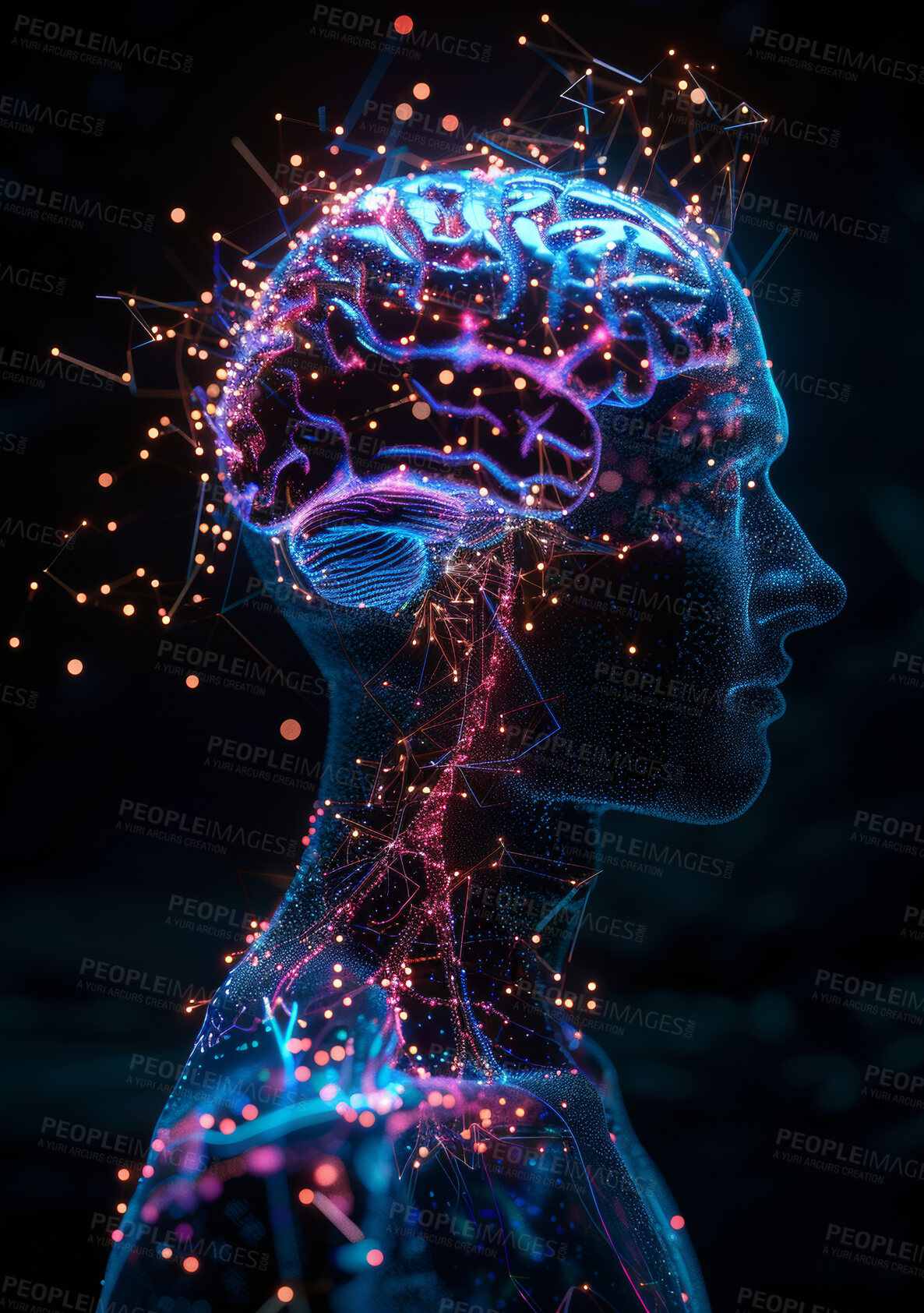 Buy stock photo Science, glow or graphic illustration of brain for study of neurology, neuron synapses or biology research. Black background, mind or learning of human psychology, neuroscience and nervous system