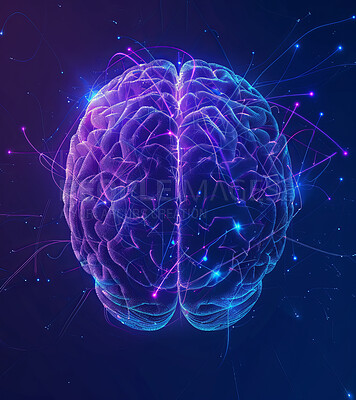 Brain, connectivity and abstract neon art, right and left cerebral hemisphere for ideas and creative thinking. Intelligent, network and anatomy for information processing, graphic and neuro pattern