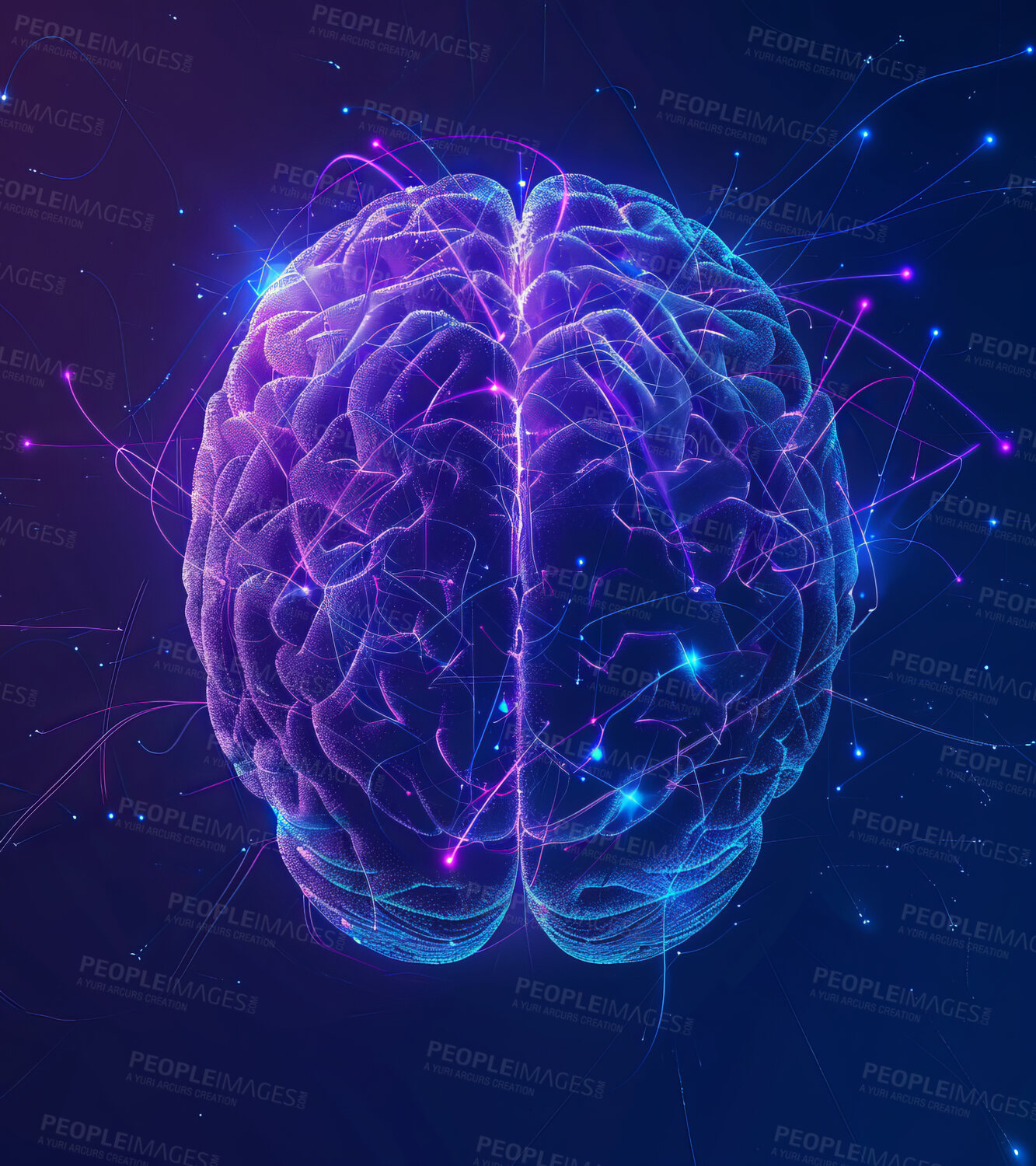 Buy stock photo Brain, connectivity and abstract neon art, right and left cerebral hemisphere for ideas and creative thinking. Intelligent, network and anatomy for information processing, graphic and neuro pattern