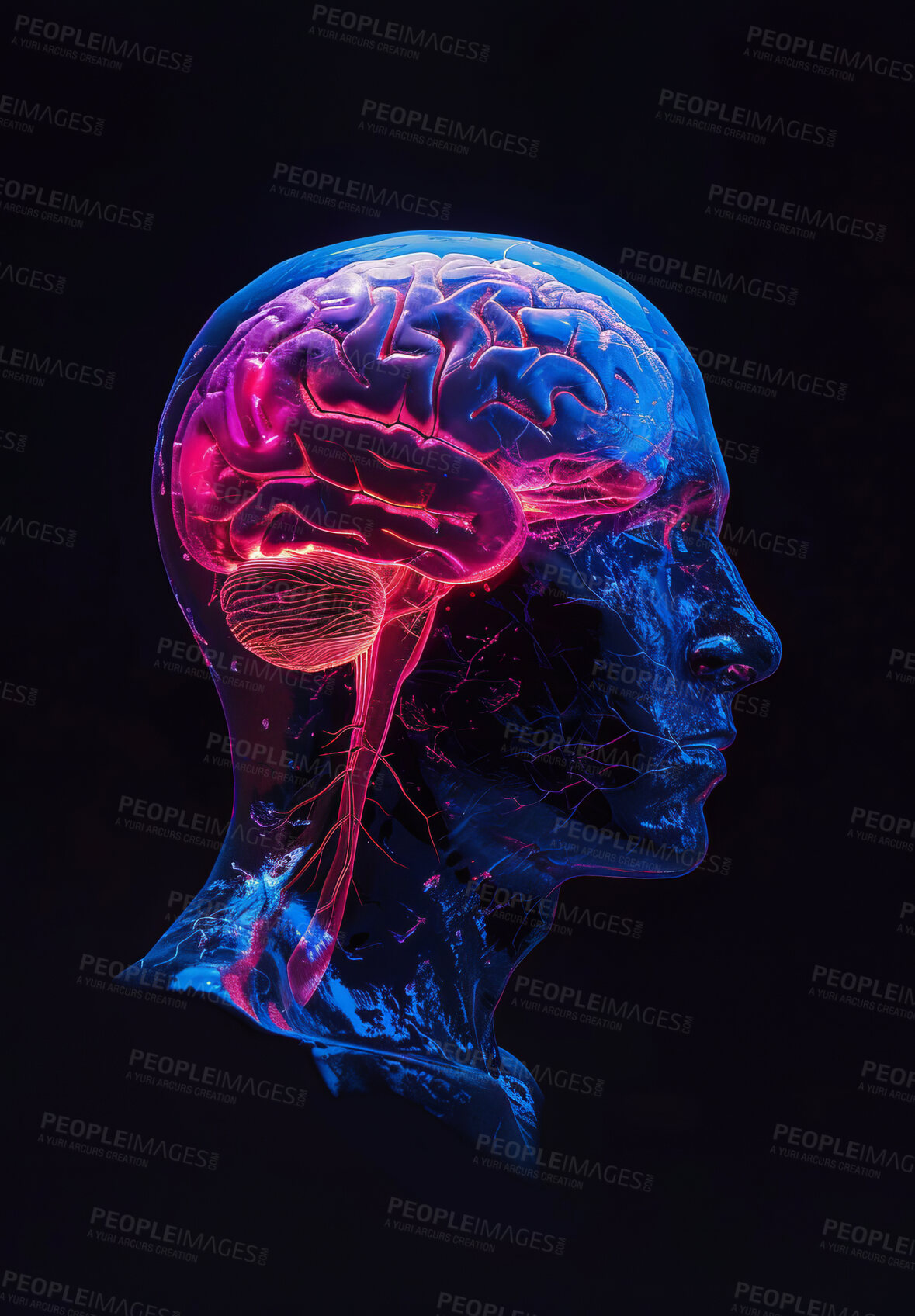 Buy stock photo Graphic, brain and x ray with vision, knowledge and thinking for creativity and neuroscience. Learning, growth and intelligence with mind, goals and mindset art for education or mental health