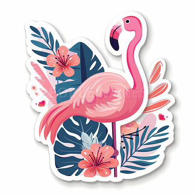 Sticker, art or flamingo in tropical, summer or beach on travel, cartoon or leaf on white background. Bird, hibiscus or graphic of pink, green or vinyl in illustration of dream island vacation