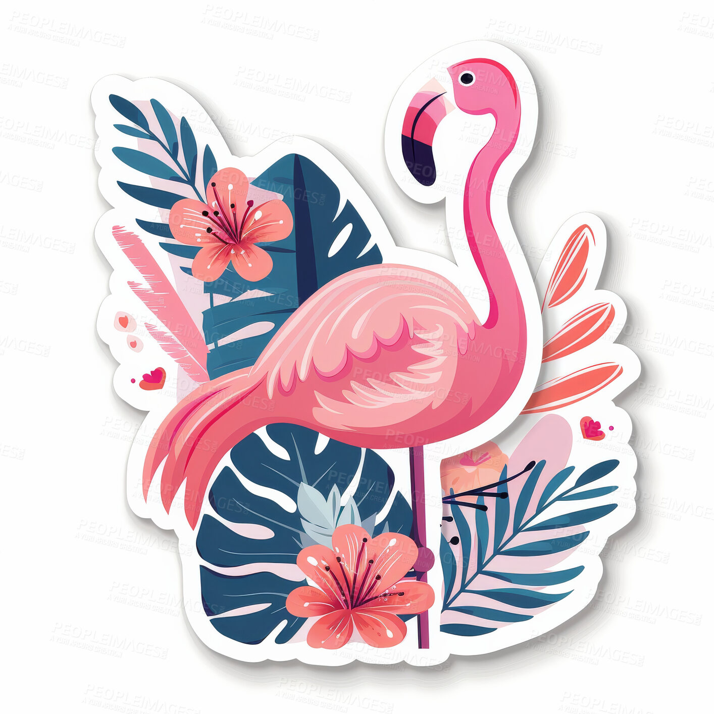 Buy stock photo Sticker, art or flamingo in tropical, summer or beach on travel, cartoon or leaf on white background. Bird, hibiscus or graphic of pink, green or vinyl in illustration of dream island vacation