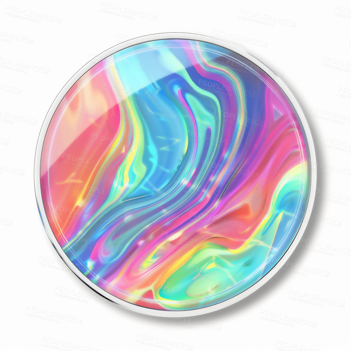 Buy stock photo Holographic, sticker and creative graphic shape of vinyl print on white background or mockup. Metallic, texture and iridescent colorful circle of futuristic chrome pattern with abstract neon design