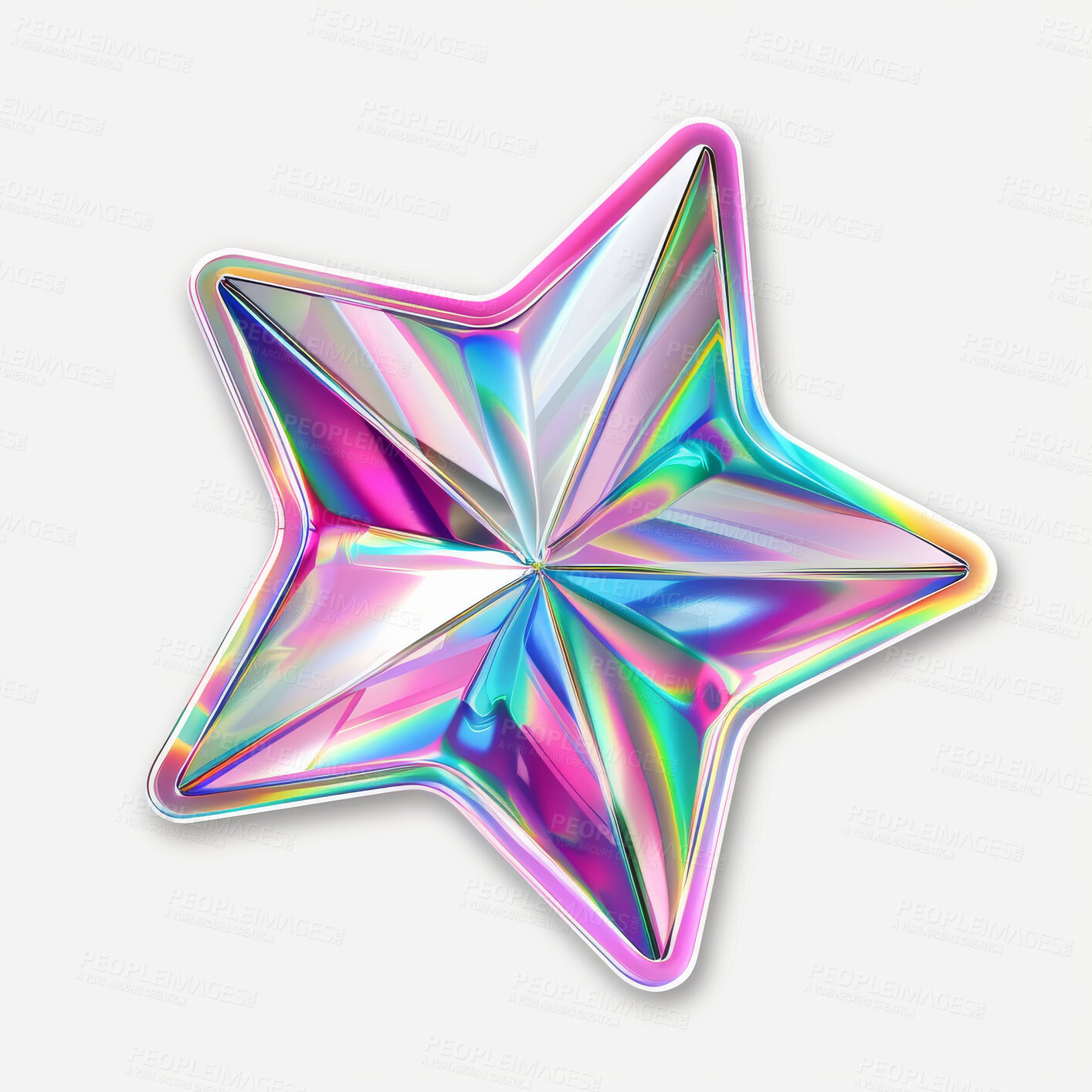 Buy stock photo Holographic, sticker and creative graphic shape of vinyl print on white background or mockup. Metallic, texture and iridescent colorful star of futuristic chrome pattern with abstract neon badge