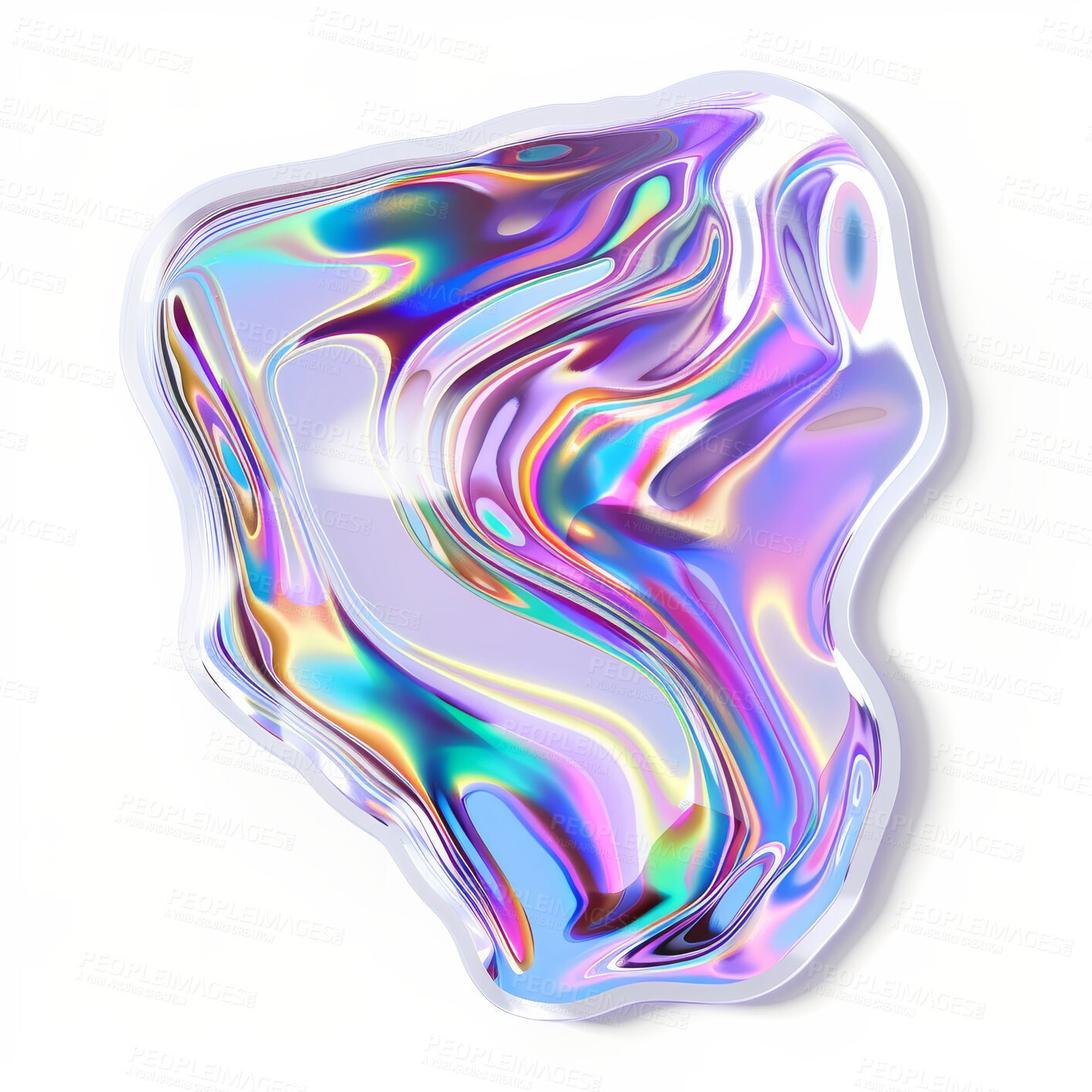 Buy stock photo Holographic, sticker and creative graphic shape of vinyl print on white background or mockup. Metallic, texture and iridescent colorful bubble of futuristic chrome pattern with abstract neon design