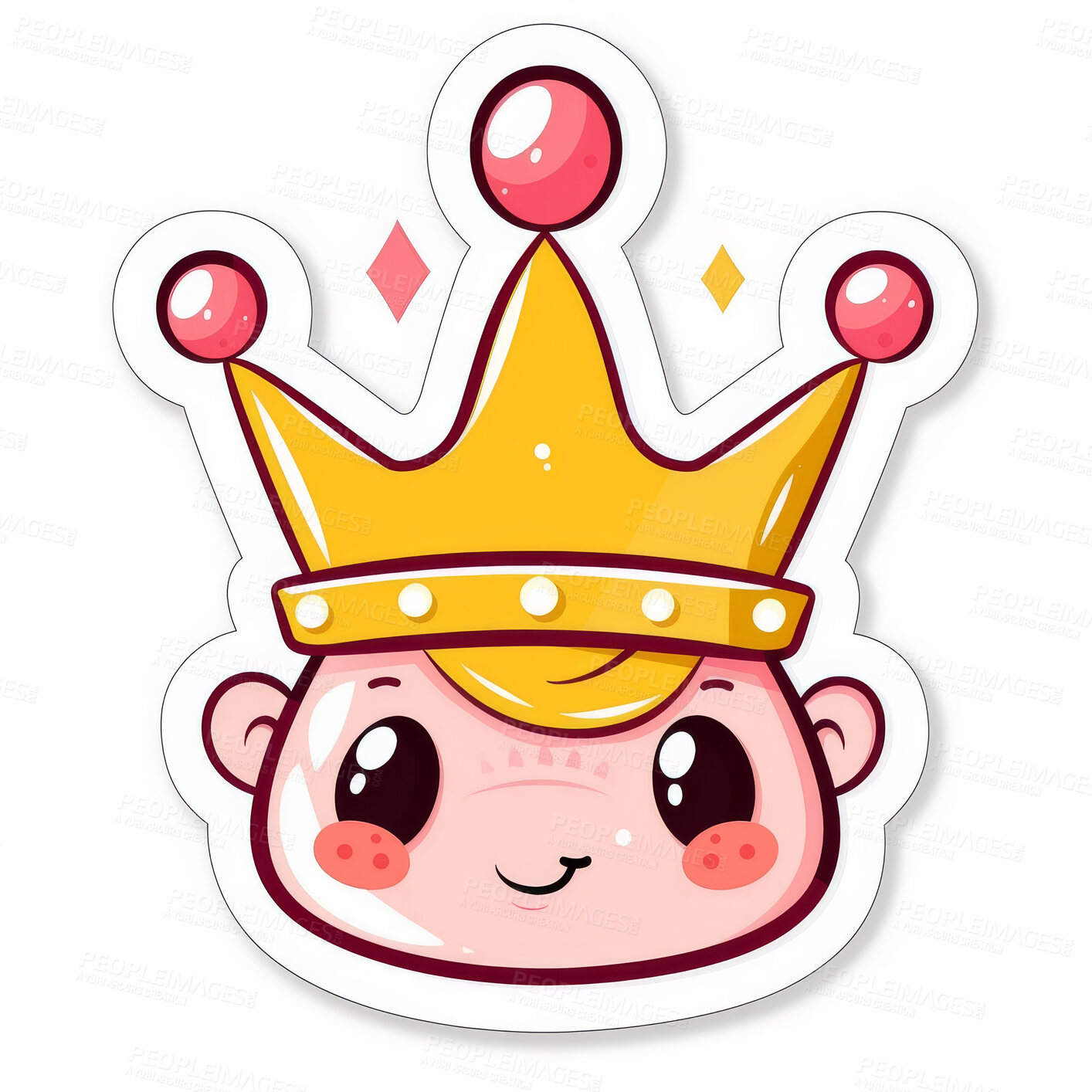 Buy stock photo Symbol, smile or sticker with a king emoji, logo or royalty icon on white background in studio. Happy prince, cartoon or face of cute man with positive expression, crown jewels or meme for creativity