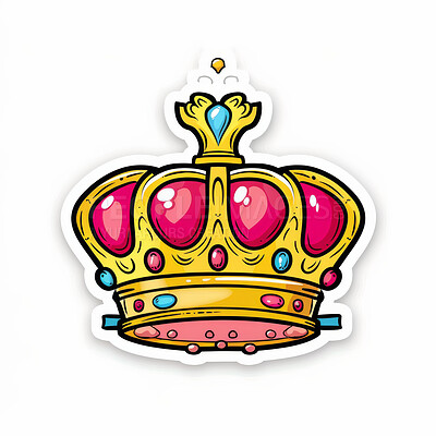 Crown, art and sticker illustration for King with medieval jewelry in studio isolated on a white background. Icon, emoji and royal logo for monarch, luxury and design for decoration on a backdrop