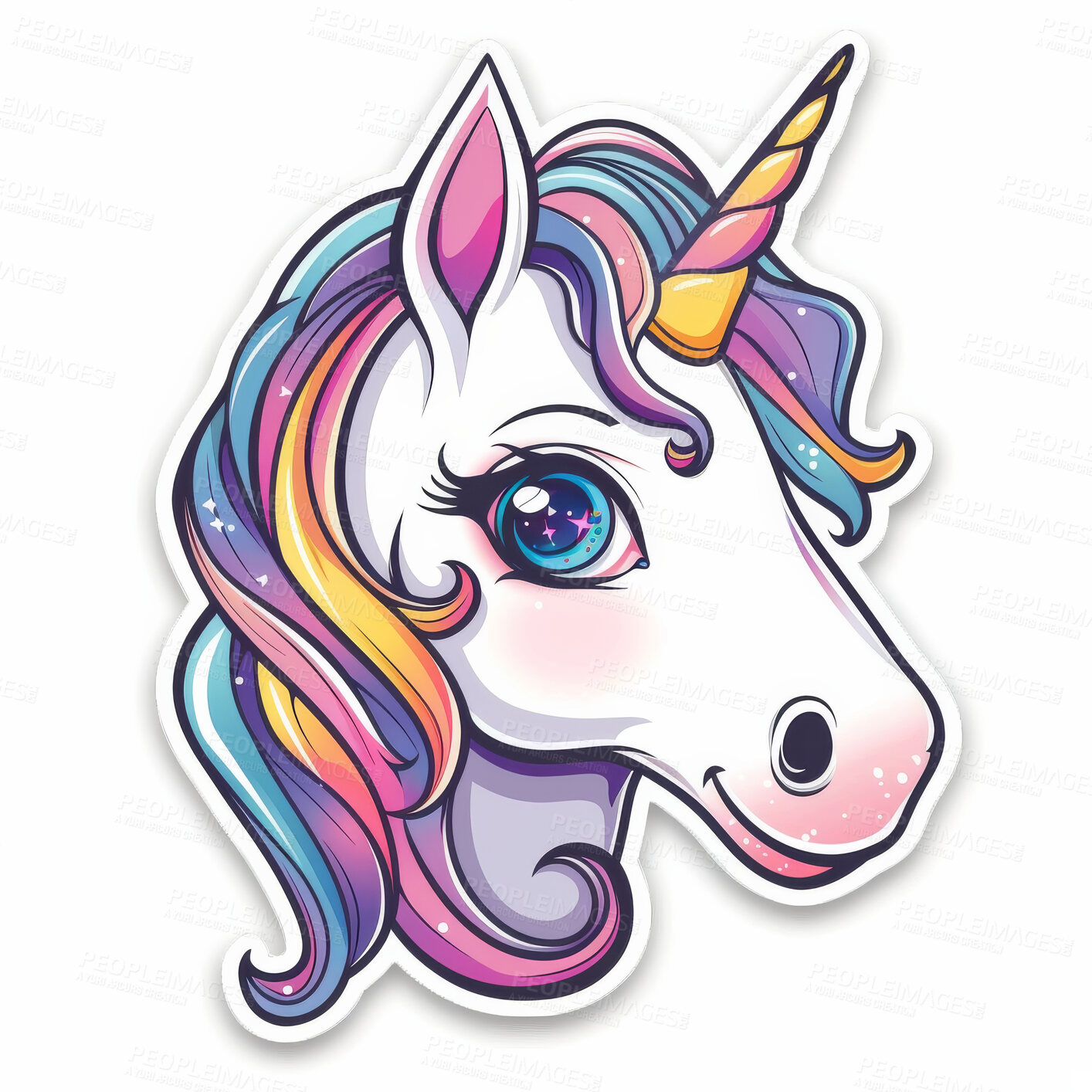 Buy stock photo Unicorn, fantasy and emoji or sticker in white background for fairytale, cartoon and myths. Horse, Isolated and logo or emoticon for social media or magic and character with horn, fun and gen z.