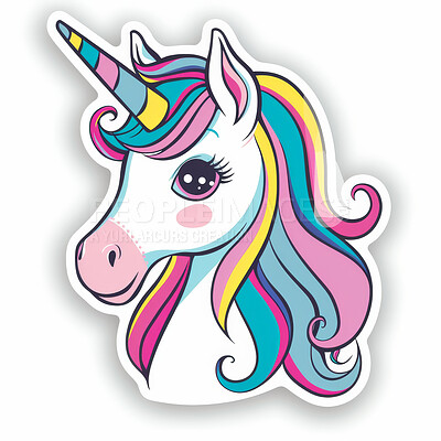 Unicorn, character and emoji or sticker in white background for fairytale, fantasy and myths. Horse, Isolated and logo or emoticon for social media or magic and cartoon with horn, fun and gen z.