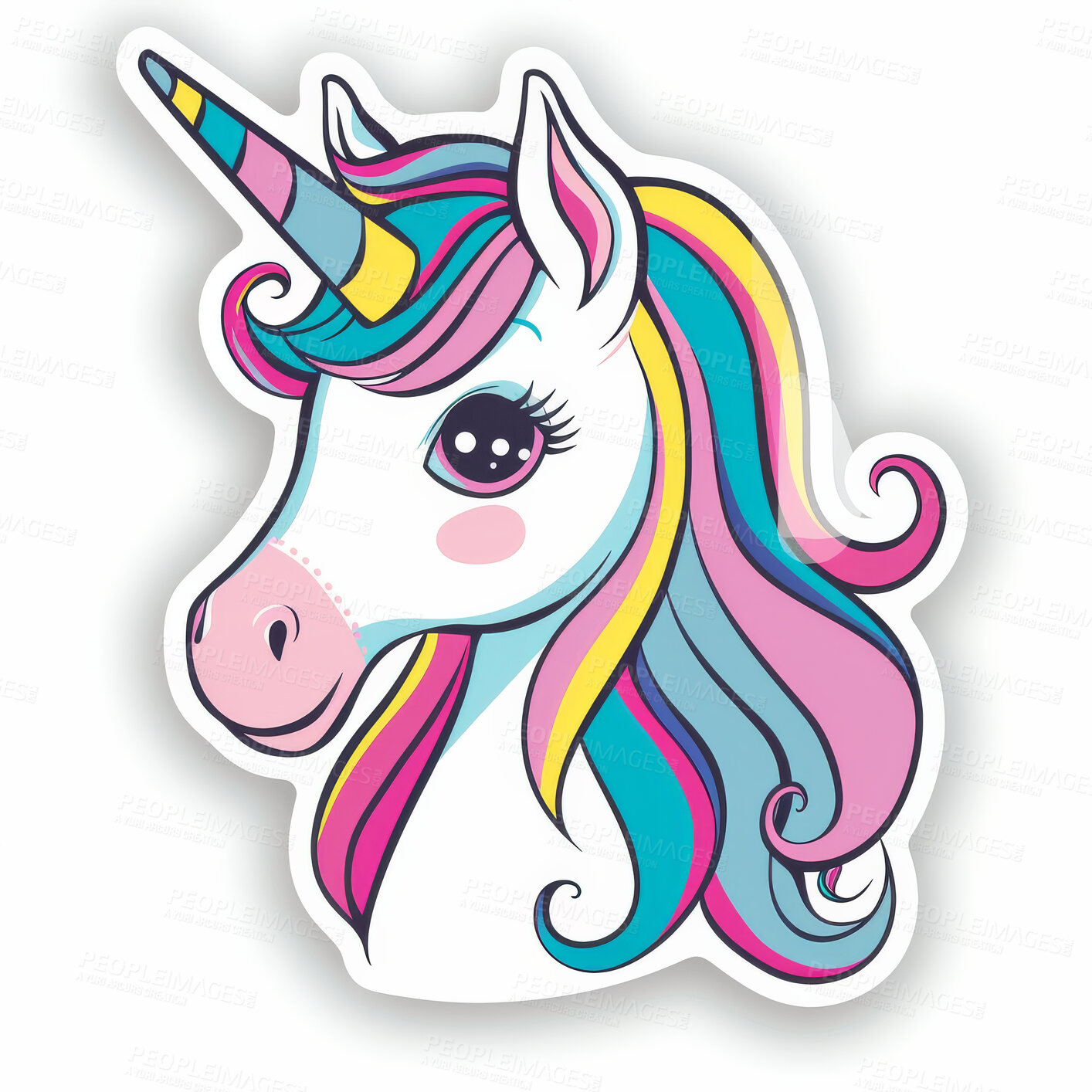 Buy stock photo Unicorn, character and emoji or sticker in white background for fairytale, fantasy and myths. Horse, Isolated and logo or emoticon for social media or magic and cartoon with horn, fun and gen z.