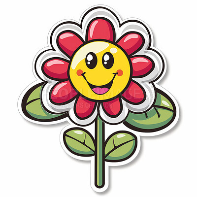 Sticker, color and drawing of flower with emoji of smiley face for marketing, advertising and decoration on white background. Creative, vector and illustration with happy expression for doodle art