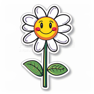 Sticker, daisy and cartoon of flower with emoji of smiley face for marketing, advertising and decoration on white background. Creative, vector and illustration with happy expression for doodle art