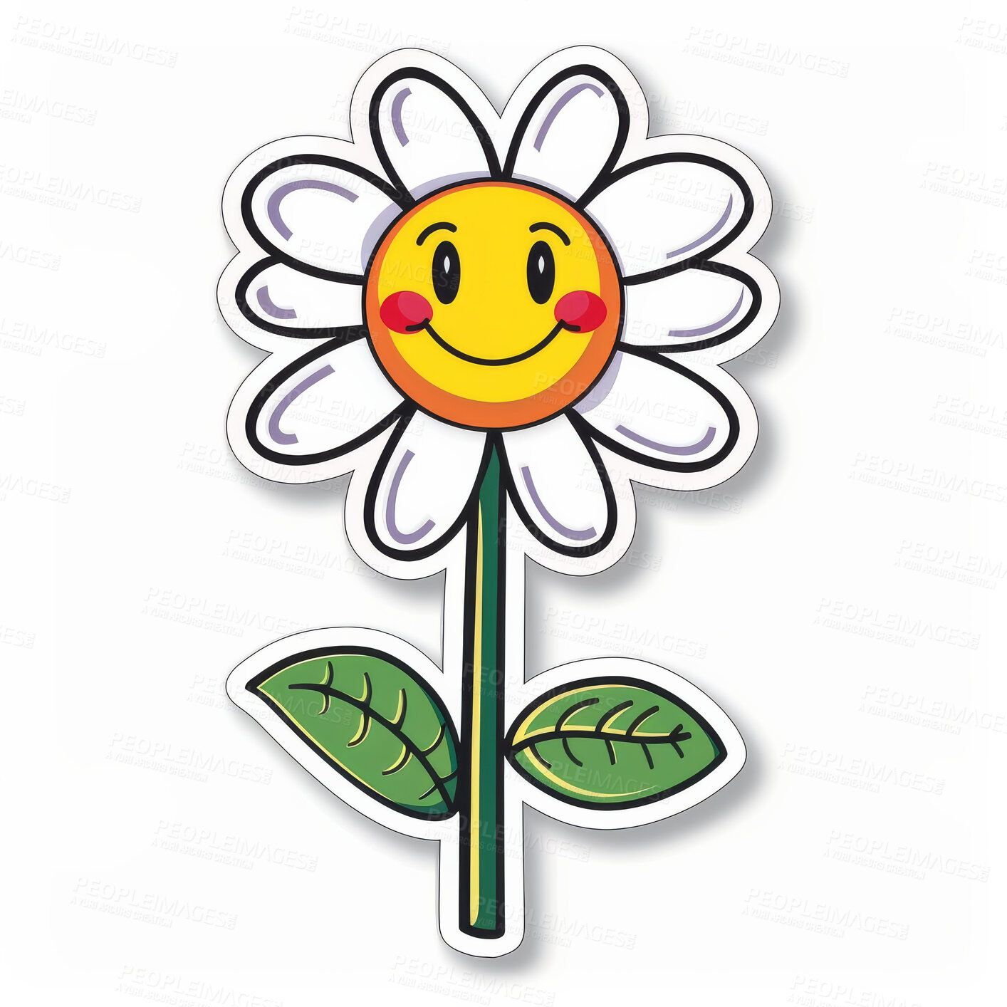 Buy stock photo Sticker, daisy and cartoon of flower with emoji of smiley face for marketing, advertising and decoration on white background. Creative, abstract and illustration with happy expression for doodle art
