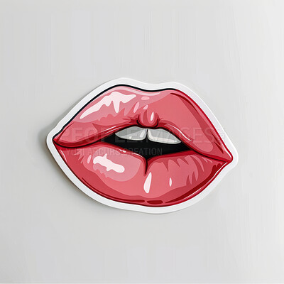 Graphic, lips and art for illustration or sticker for kiss on white background. Art, decor and wallpaper for display in creativity for fashion, design and icon on wall for style, color and symbol