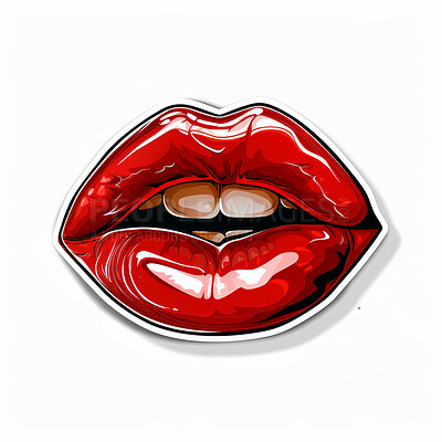 Female lips, teeth and red lipstick sticker for tshirt print, design and beauty. Woman, mouth and lip gloss icon for illustration, logo and cosmetics on isolated white background with mockup space