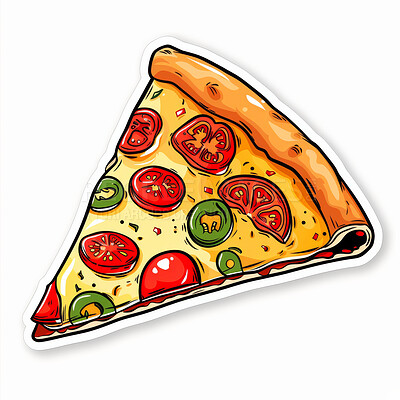 Sticker, creative and illustration with slice of pizza for abstract pepperoni, olives and cheese. Emoji, icon and cartoon of fast food for logo, animation or art emblem isolated by white background.
