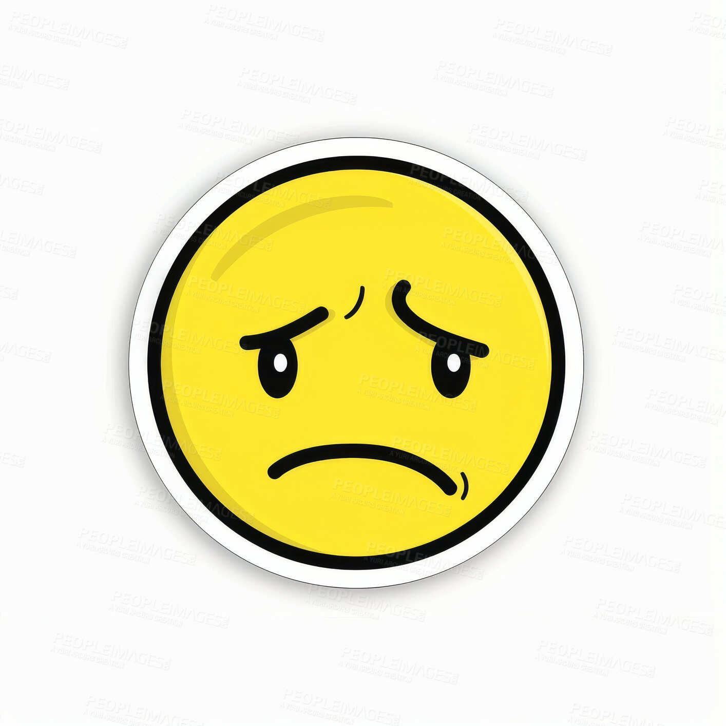 Buy stock photo Emoji, icon and sticker print of depressed face, cartoon and stamp of character pictogram. Doodle, drawing and art of pin or sad, creative and illustration for badge and emoticon for communication