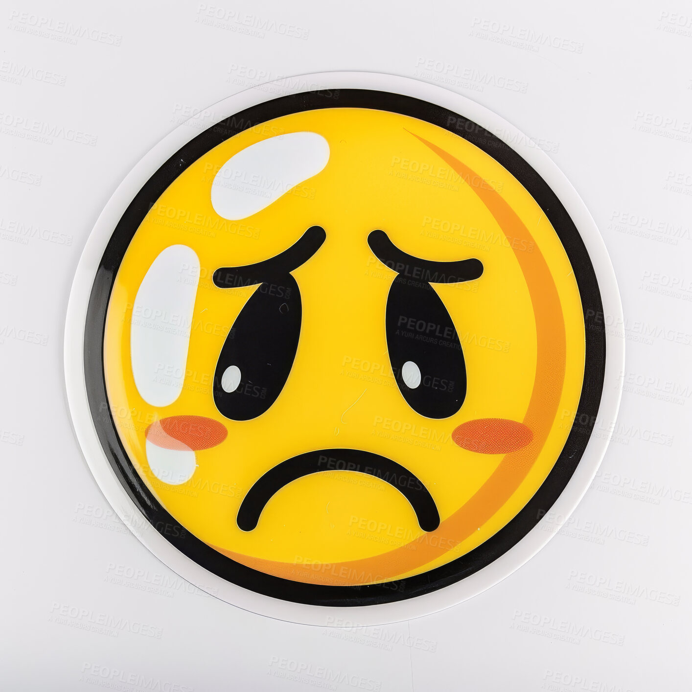 Buy stock photo Sad emoji, icon and sticker print for face, cartoon and stamp of character or pictogram. Doodle, drawing and art of depression with pin or patch, creative or illustration for online badge or emoticon
